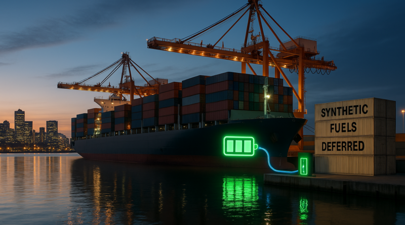 ChatGPT generated panoramic image of a port skyline with a large containership plugged into a grid connection, battery icon glowing, and a stack labeled “Synthetic Fuels Deferred”