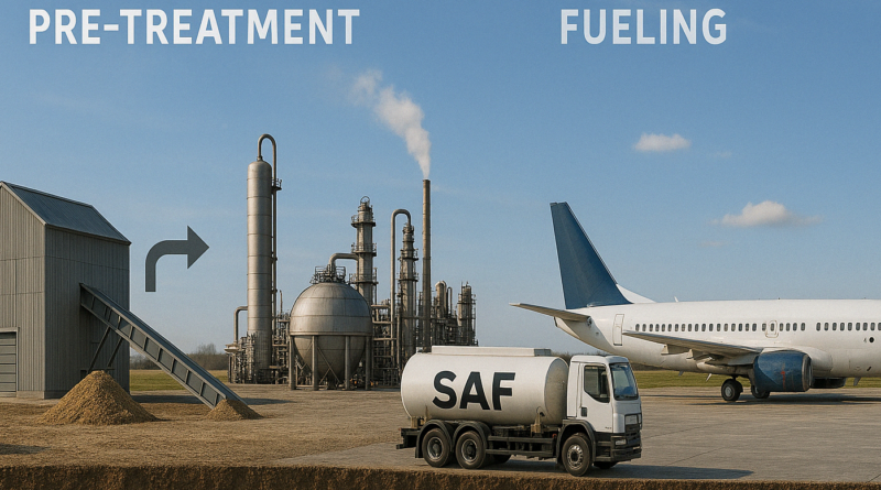 ChatGPT generated panoramic image of a cross-sectional diagram-style panorama of a SAF value chain: from waste feedstock, through pre-treatment and refining, to fueling a commercial jet