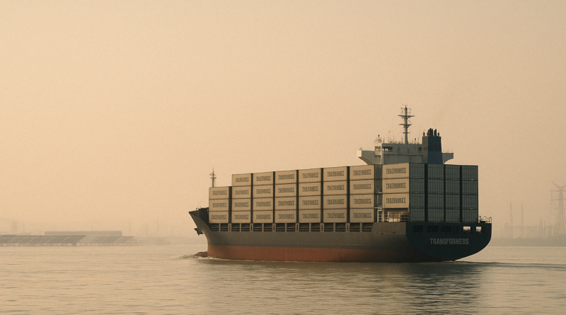 ChatGPT generated landscape image of a container ship leaving a Chinese port, filled with electrical equipment crates labeled “Transformers”