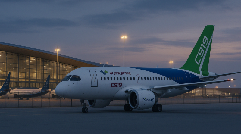 ChatGPT generated panoramic image of a COMAC C919 at a modern Chinese airport terminal, while several grounded Boeing 737 MAX jets sit behind a fence, unused