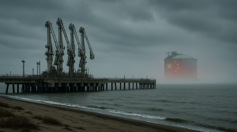 ChatGPT generated panoramic Image of A desolate Gulf Coast LNG terminal under cloudy skies, massive loading arms idle, with Chinese flag colors fading into mist offshore