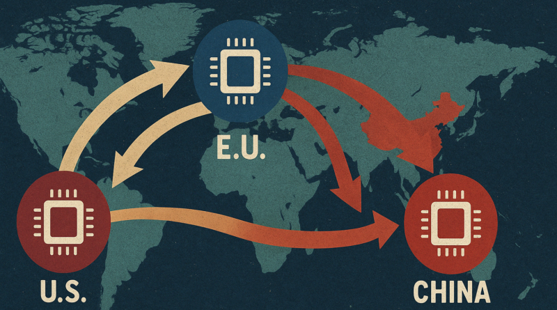 ChatGPT generated panoramic image of an artistic infographic showing shifting global chip alliances, highlighting trade flows between the U.S., EU, and China