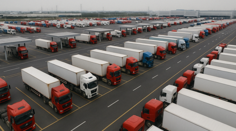 ChatGPT generated panoramic aerial image of a major logistics center in China, showcasing rows of battery-electric heavy trucks lined up at rapid battery-swapping stations