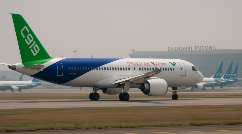 ChatGPT generated panoramic image of the COMAC C919 aircraft landing at an airport