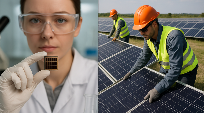 ChatGPT generated a panoramic image illustrating "Laboratory vs. Field Reality": on the left, scientists examine small, high-efficiency perovskite cells in a lab; on the right, workers install conventional silicon PV modules across a sprawling solar farm