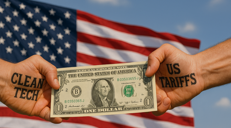 ChatGPT generated panoramic image of two hands pulling on opposite sides of a US dollar bill—one tattooed “Clean Tech” and the other “US Tariffs.”