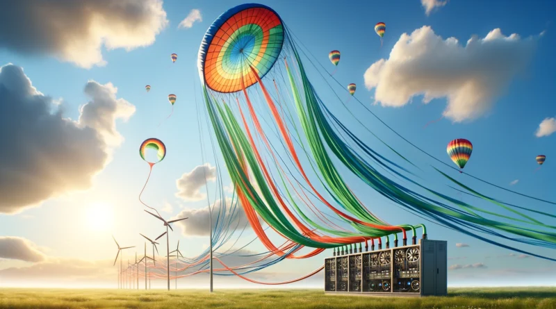 ChatGPT & DALL-E generated image of large, colorful kite connected to a ground-based electrical generation system, set in a wide-open field under a clear sky.